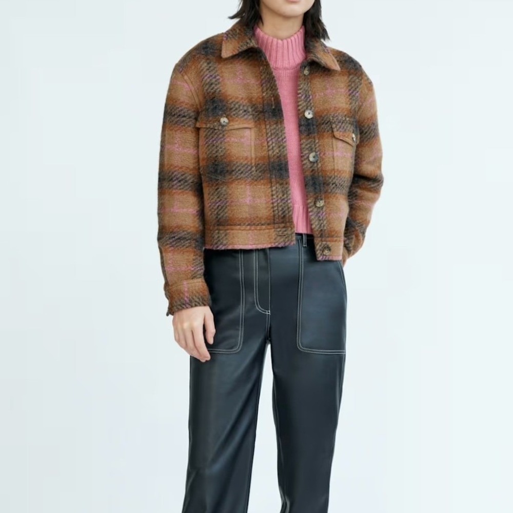 Aritzia Wilfred Autumn Shirt Jacket Plaid Wool Cropped Shacket Brown Pink L